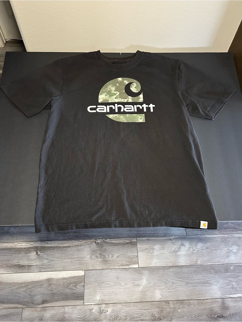 Carhartt Men’s Large Black Tee with Camo Logo Accent